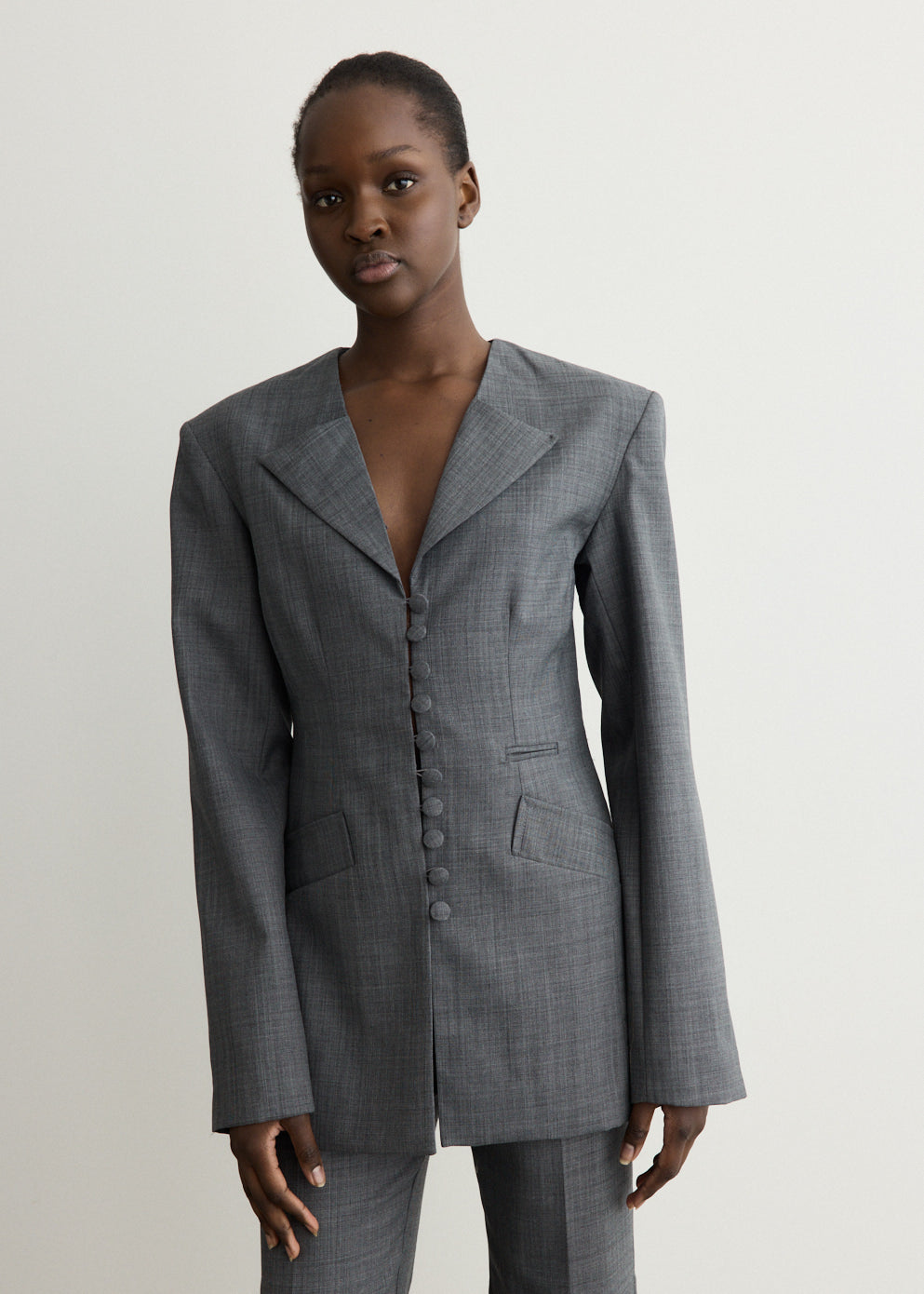 Wool Melange Suiting Long Button Blazer