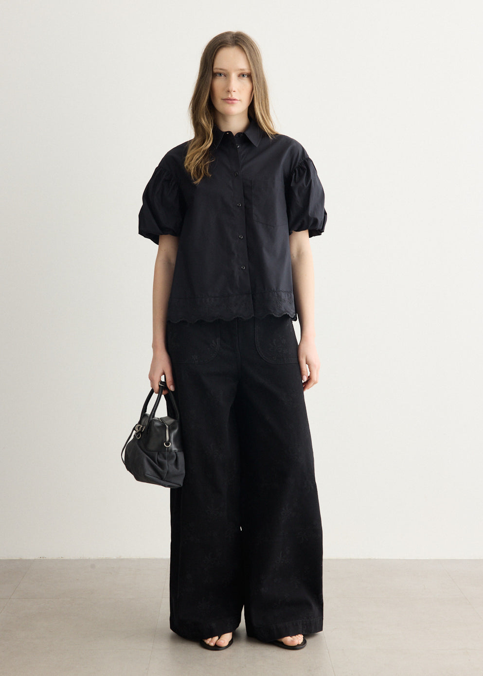 Cropped Puff Sleeve Lace Trim Shirt