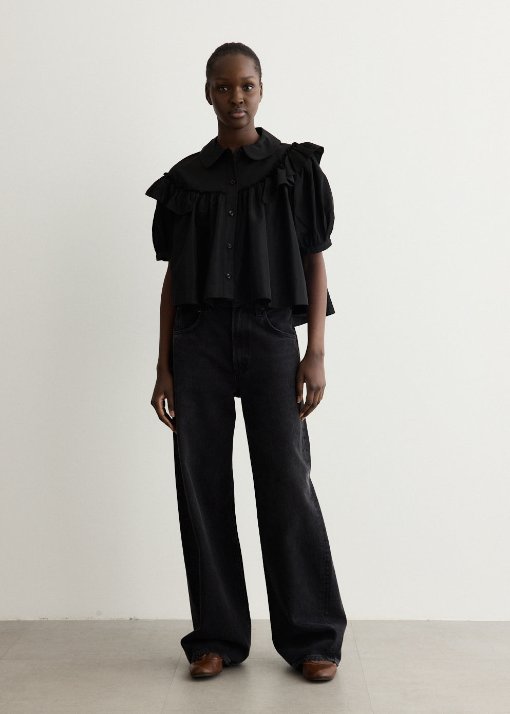 Cropped Puff Sleeve Ruffle Frill Shirt