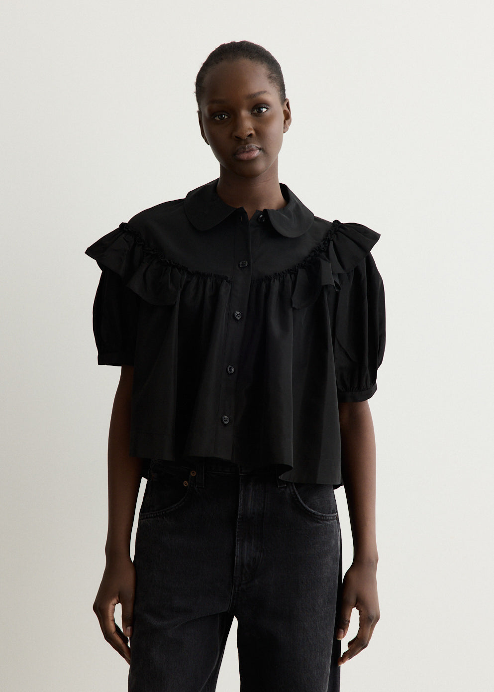 Cropped Puff Sleeve Ruffle Frill Shirt