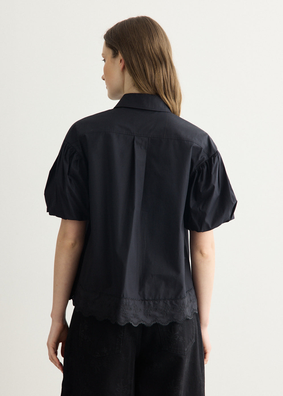 Cropped Puff Sleeve Lace Trim Shirt
