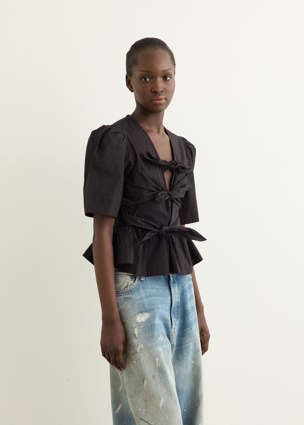 Washed Stretch Cotton Tie Strap Blouse