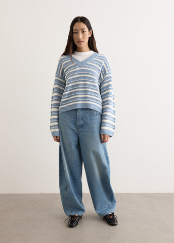 Striped Cotton Pointelle V-Neck