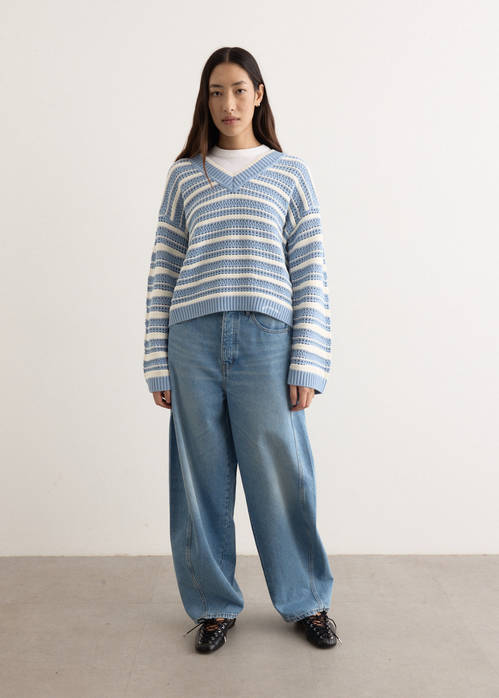 Striped Cotton Pointelle V-Neck