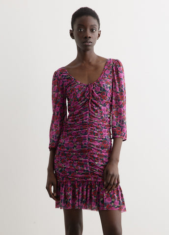Printed Mesh Flounce Ruched Mini Dress