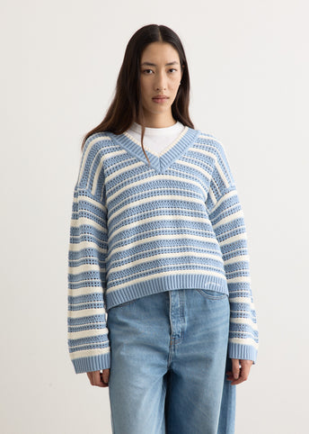 Striped Cotton Pointelle V-Neck