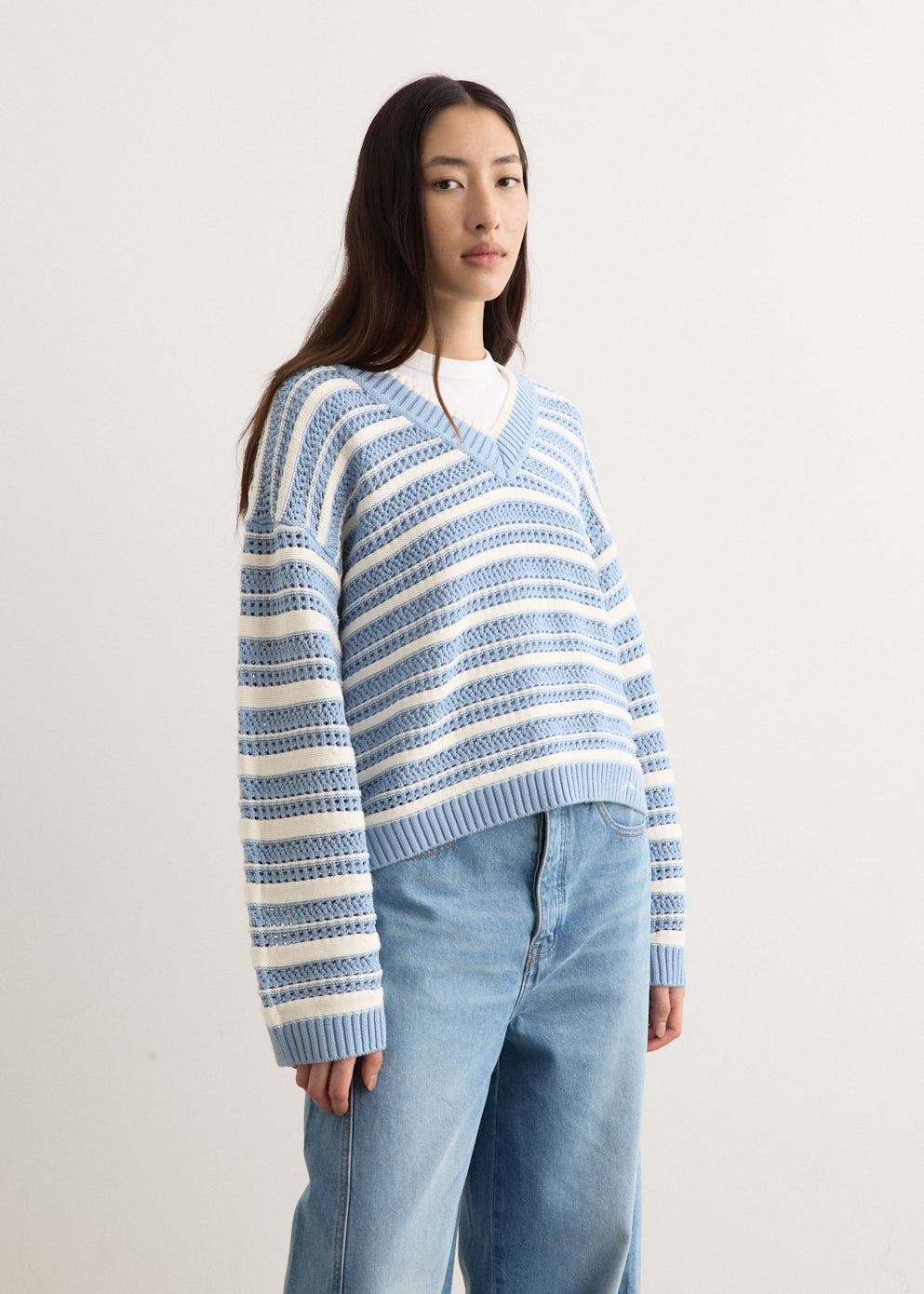 Striped Cotton Pointelle V-Neck
