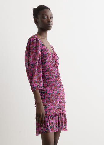 Printed Mesh Flounce Ruched Mini Dress
