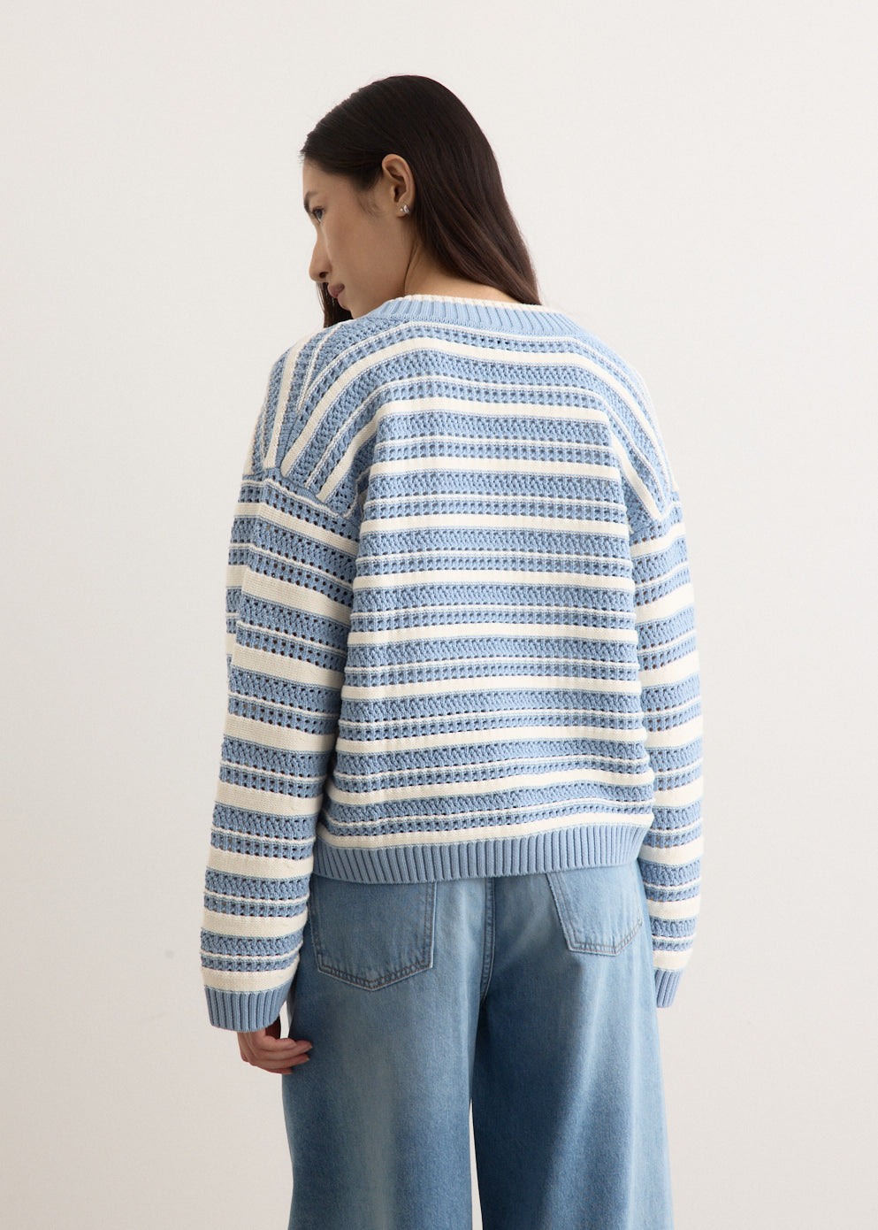 Striped Cotton Pointelle V-Neck