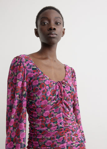 Printed Mesh Flounce Ruched Mini Dress