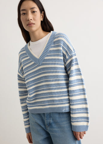 Striped Cotton Pointelle V-Neck