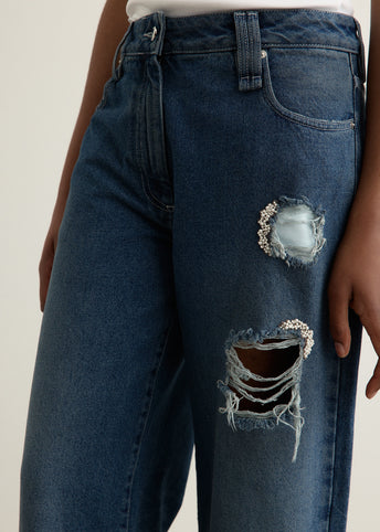 Distressed Embellished Straight Leg Jeans
