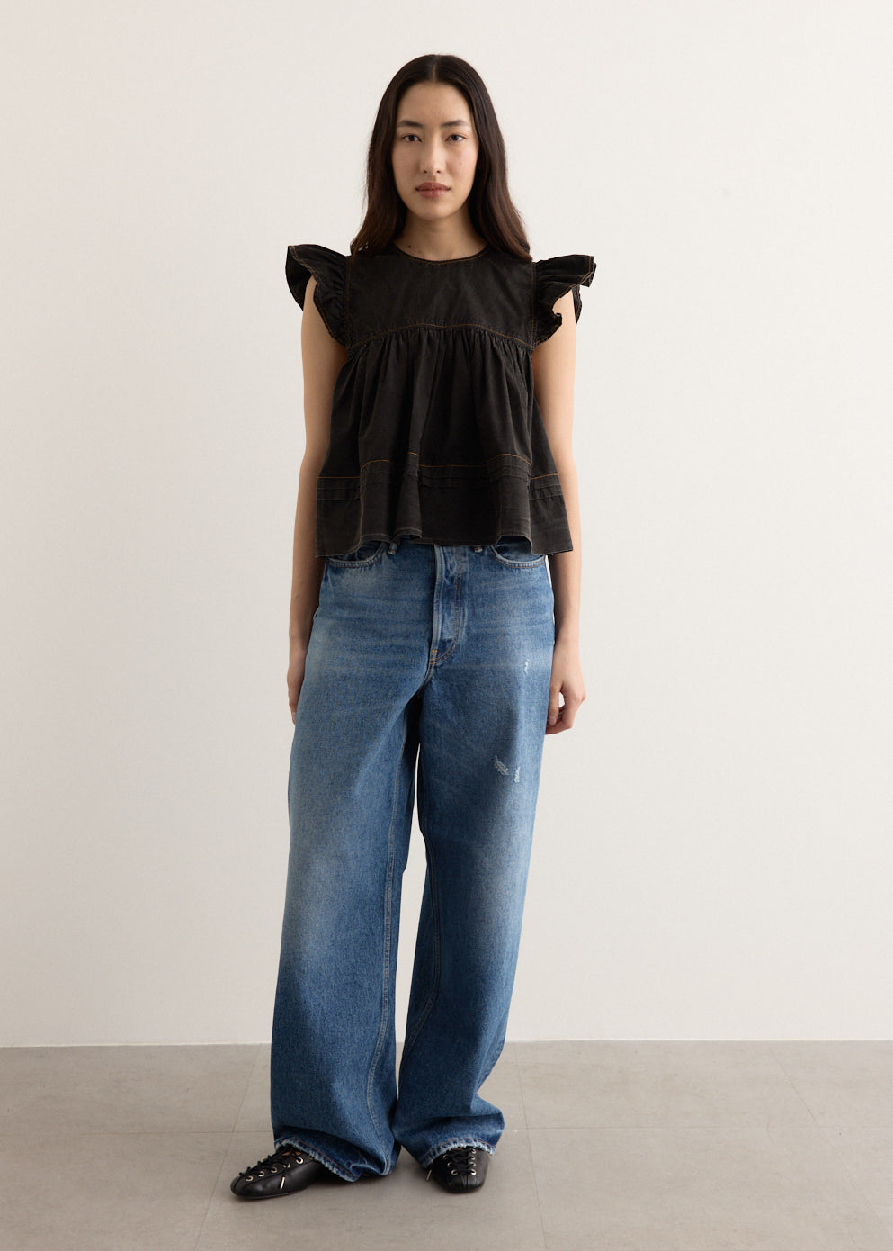Garment Dyed Cotton Frill Sleeve Top