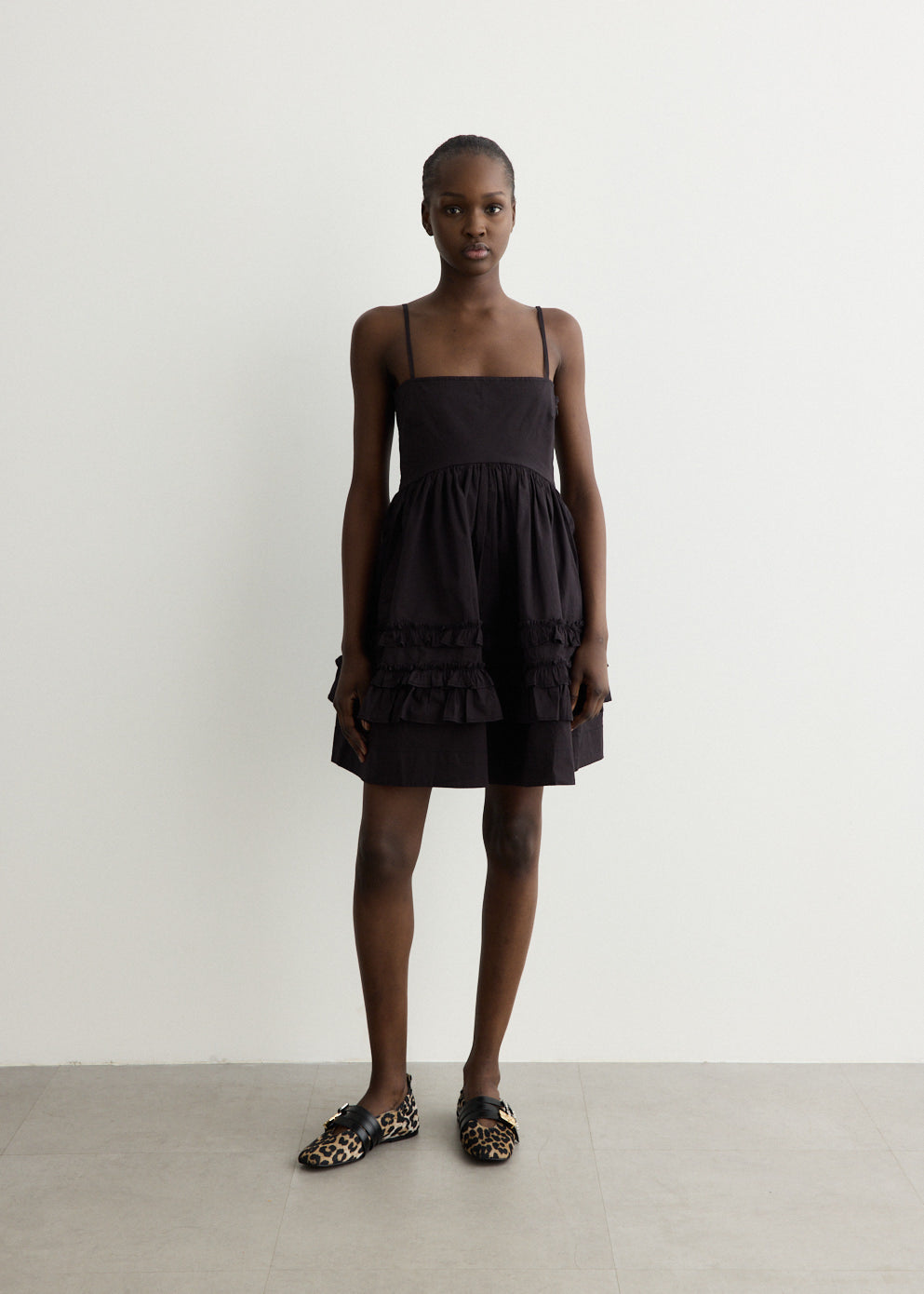 Stretch Cotton Mini Strap Dress With Frills