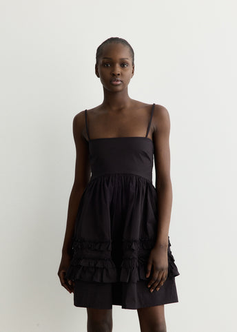 Stretch Cotton Mini Strap Dress With Frills