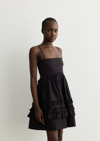 Stretch Cotton Mini Strap Dress With Frills