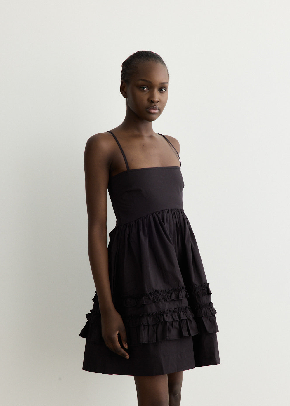 Stretch Cotton Mini Strap Dress With Frills