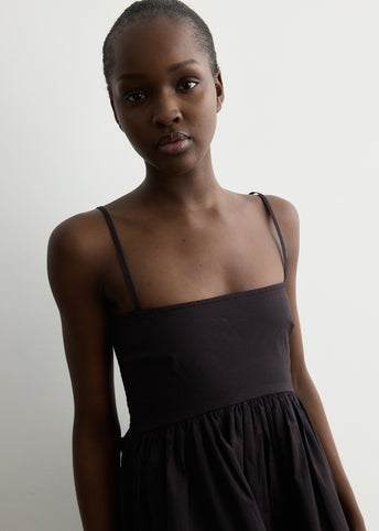 Stretch Cotton Mini Strap Dress With Frills