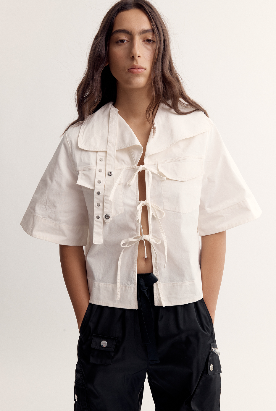 Stretch Cotton Cowl Neck Blouse