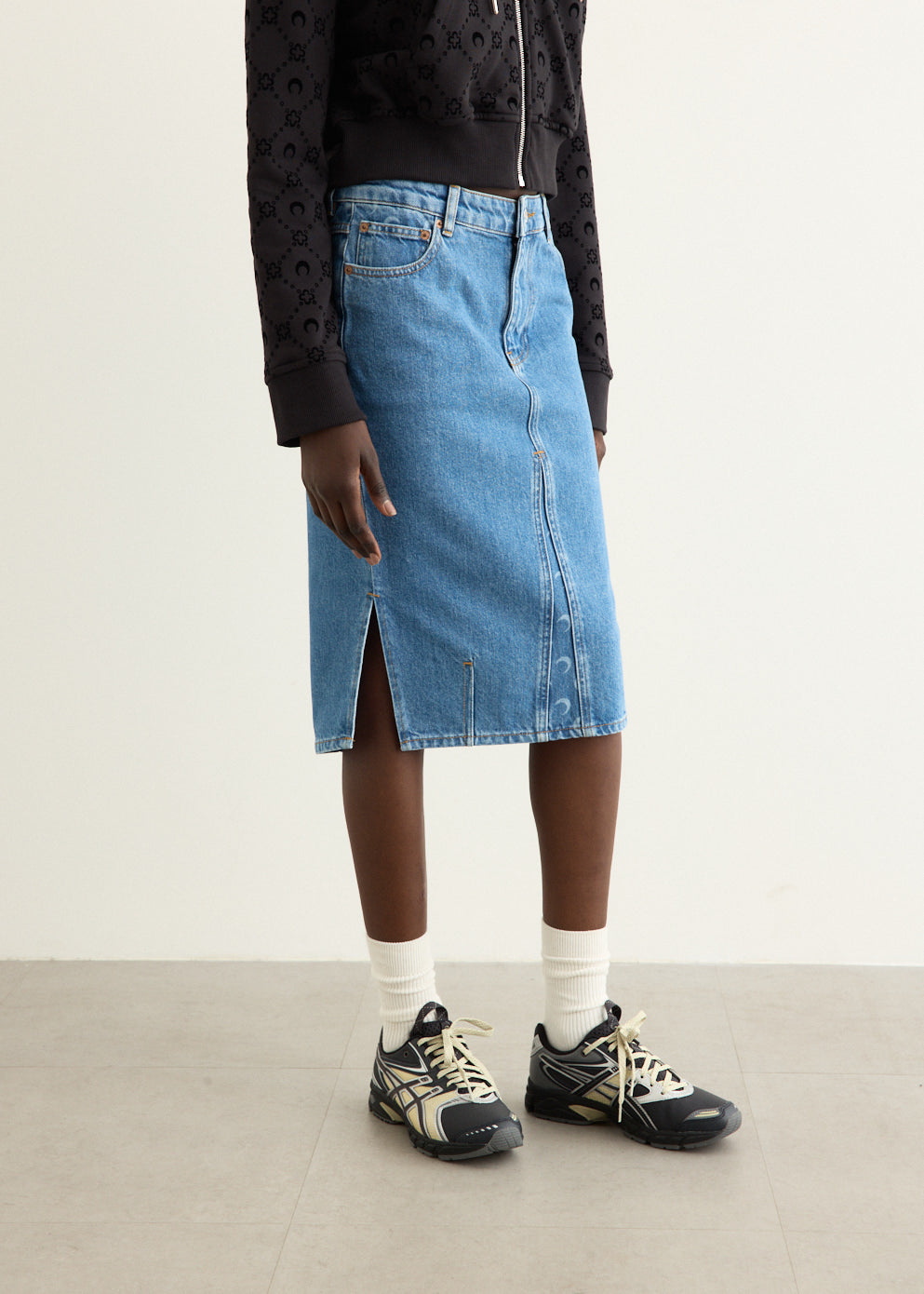 Moon Laser Denim Knee Length Skirt