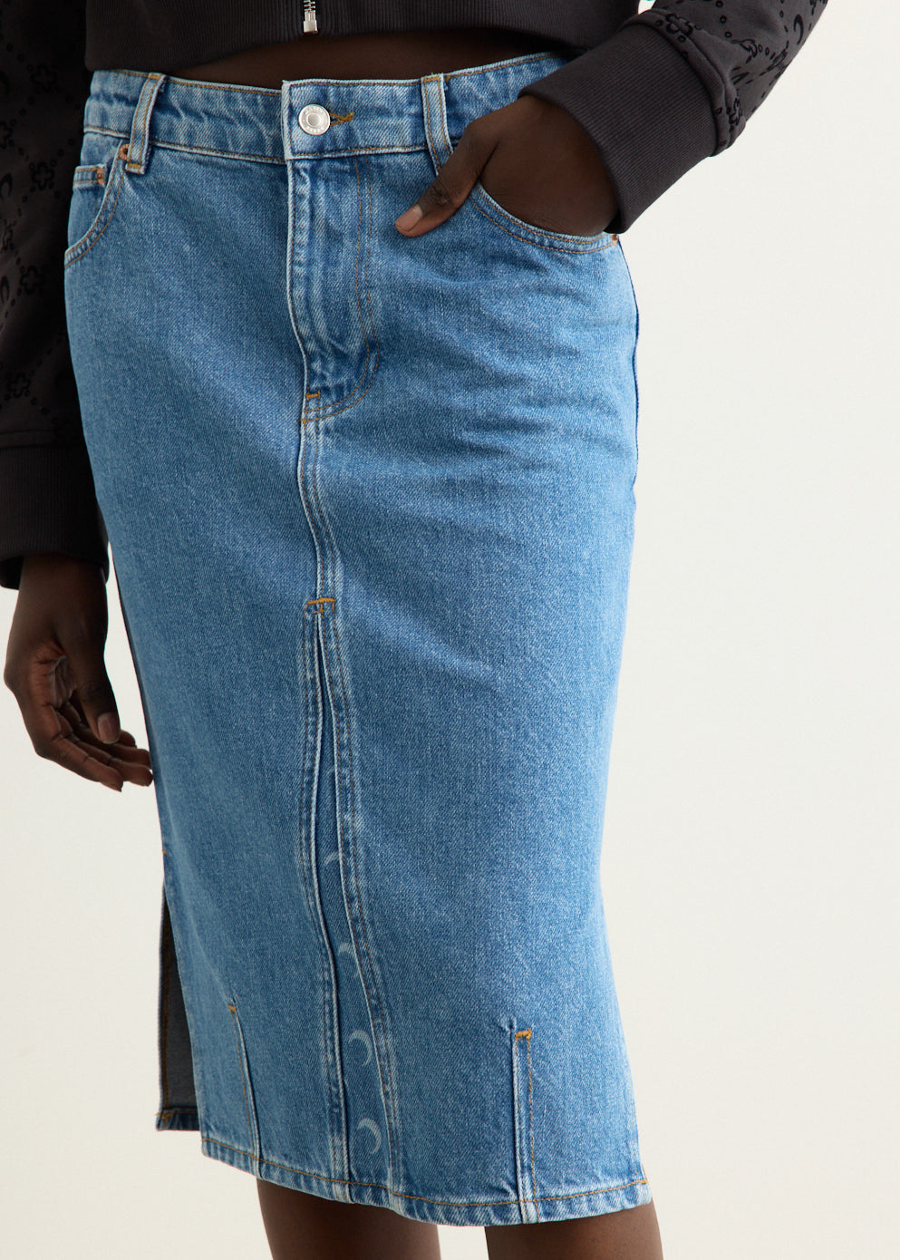 Moon Laser Denim Knee Length Skirt