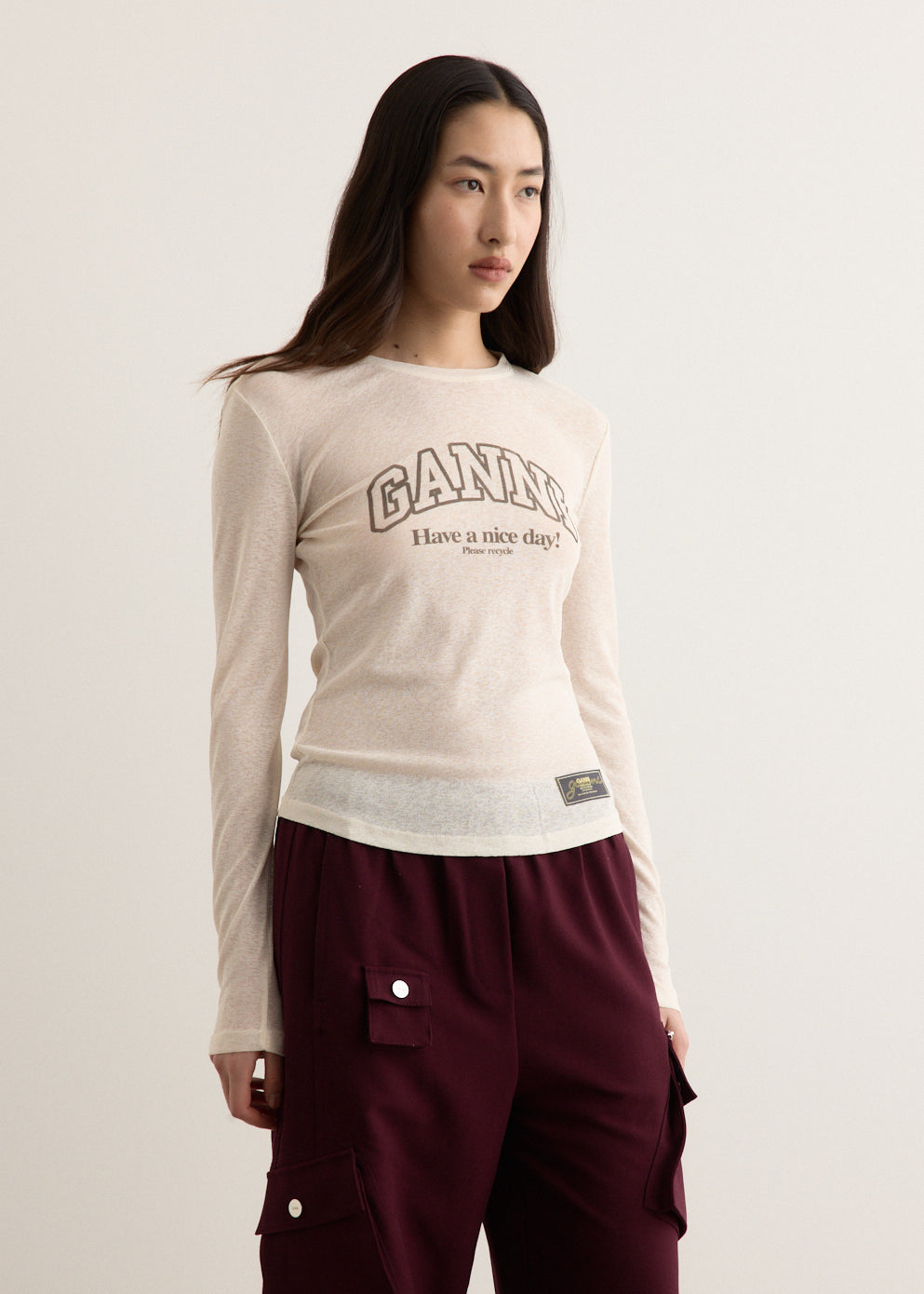Printed Marl Mesh Long Sleeve Top
