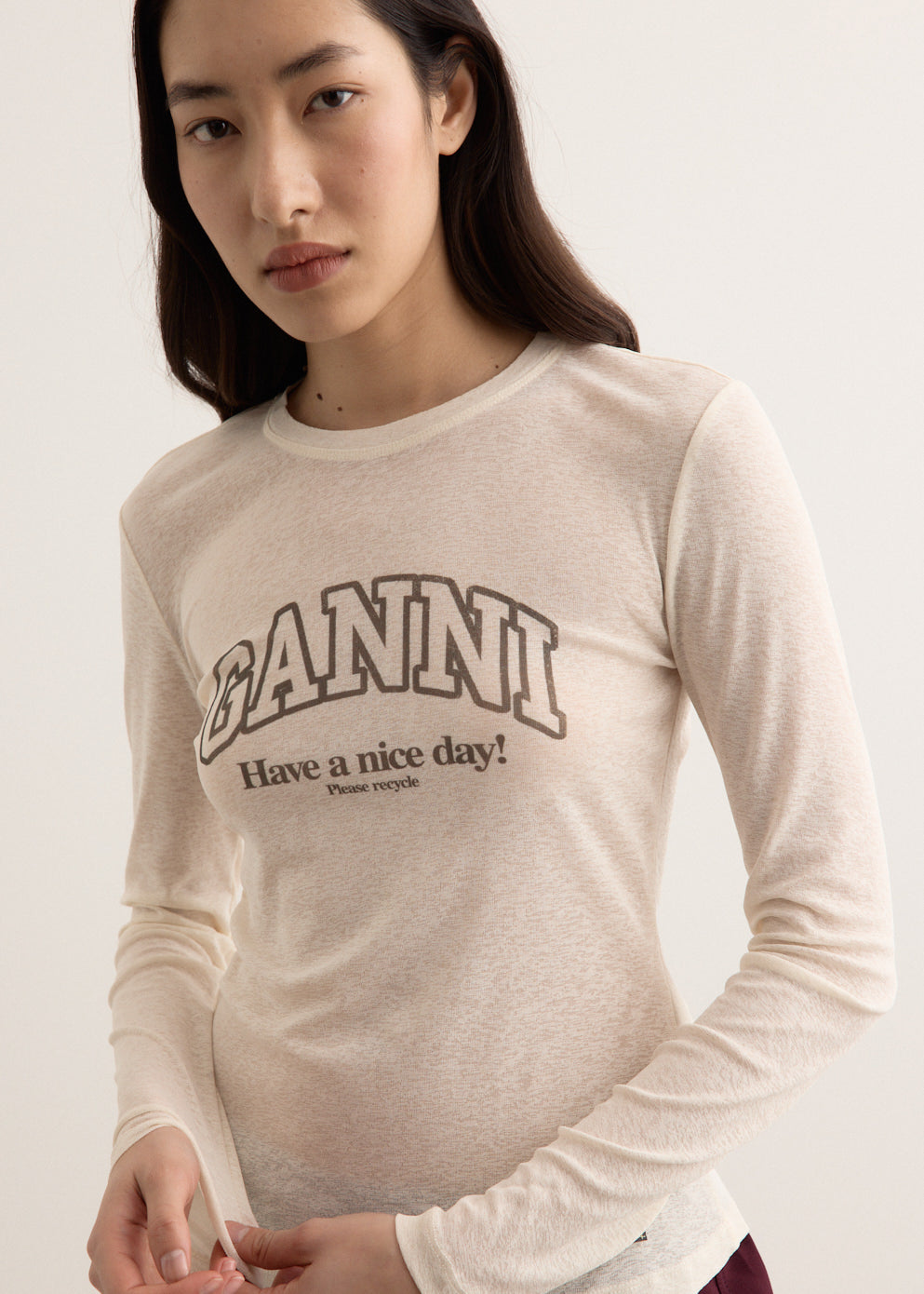 Printed Marl Mesh Long Sleeve Top