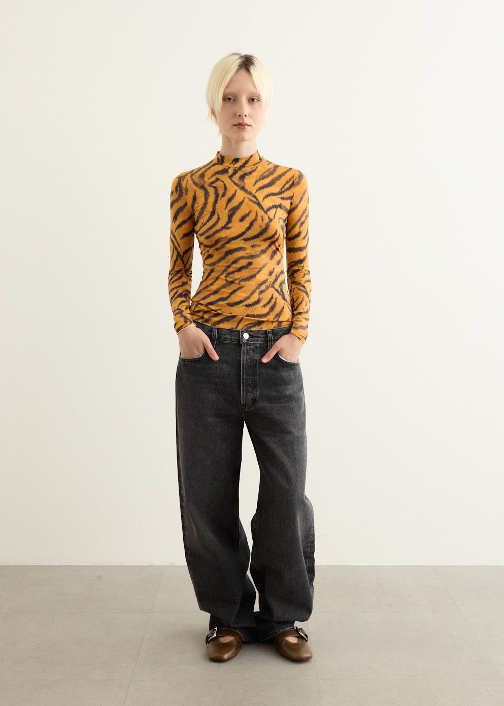 Tiger Printed Jersey Long Sleeve Highneck Top