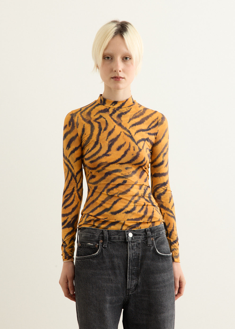 Tiger Printed Jersey Long Sleeve Highneck Top