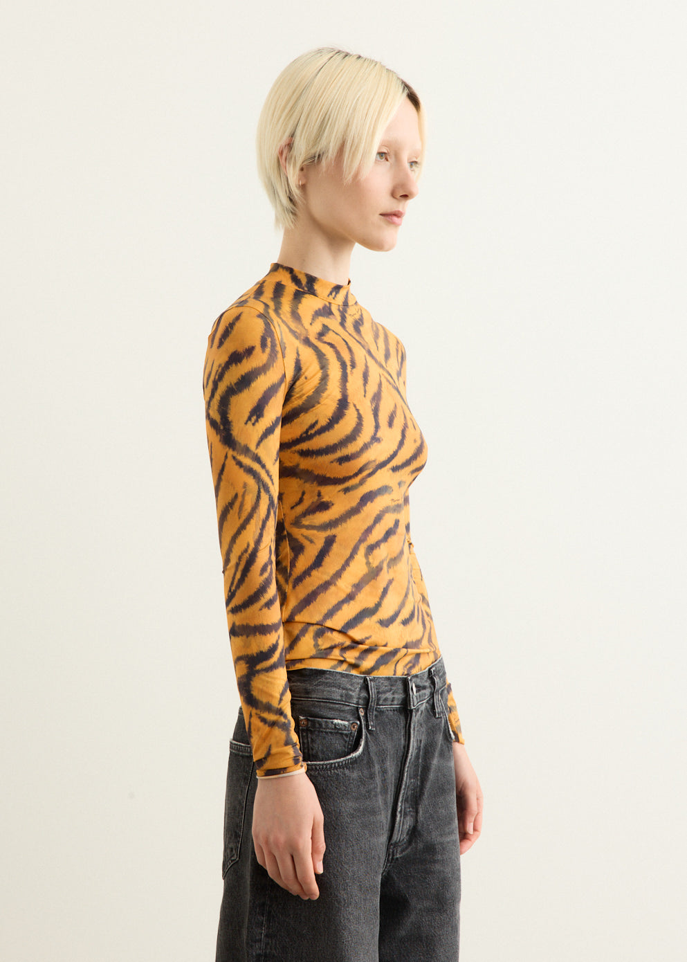 Tiger Printed Jersey Long Sleeve Highneck Top