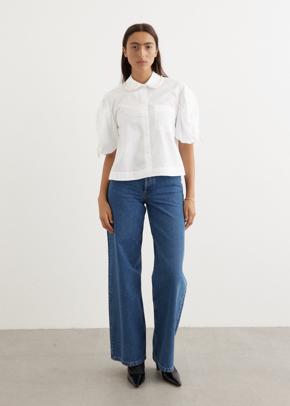 Ruched Bow Beaded Cropped Puff Sleeve Shirt