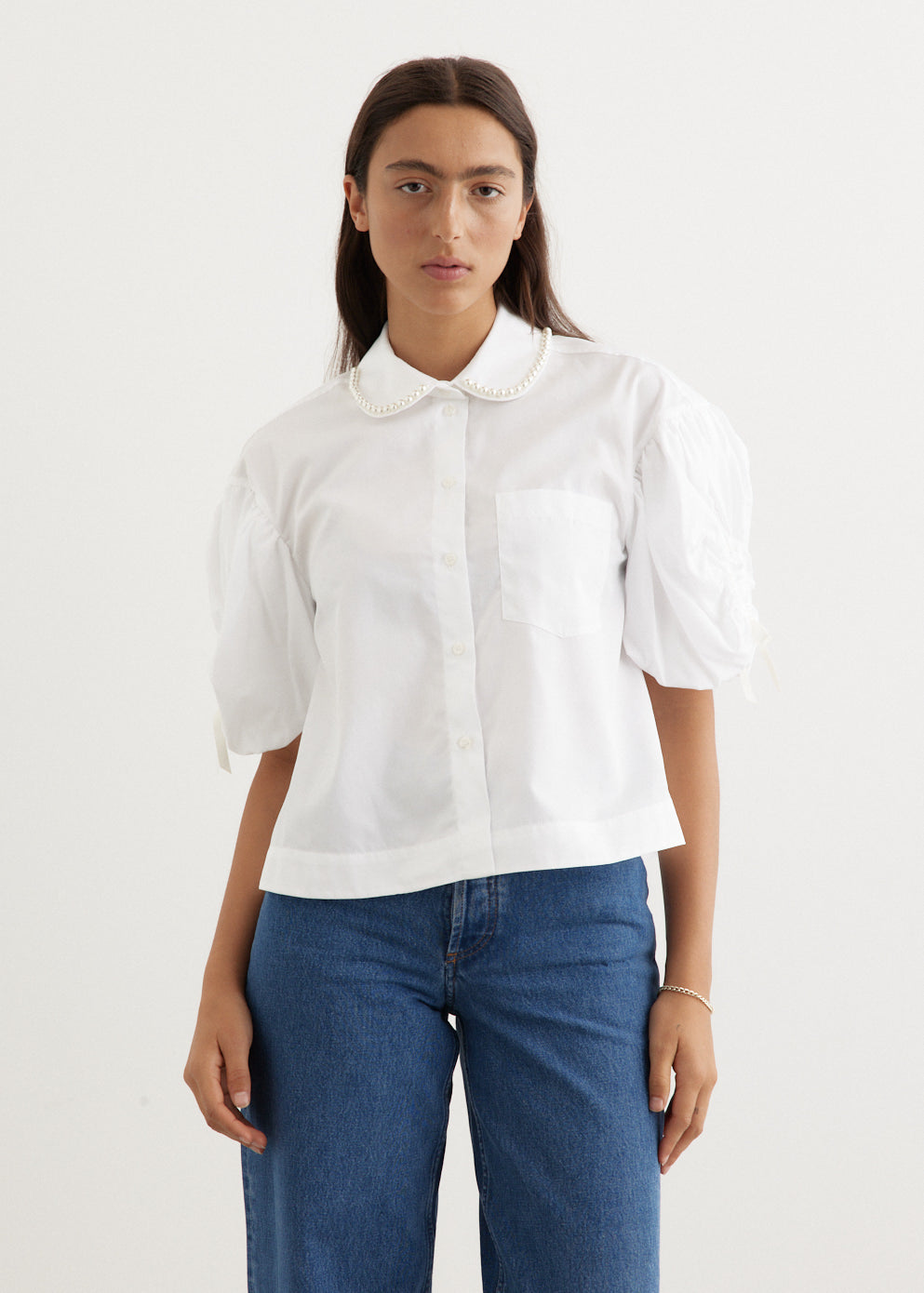 Ruched Bow Beaded Cropped Puff Sleeve Shirt