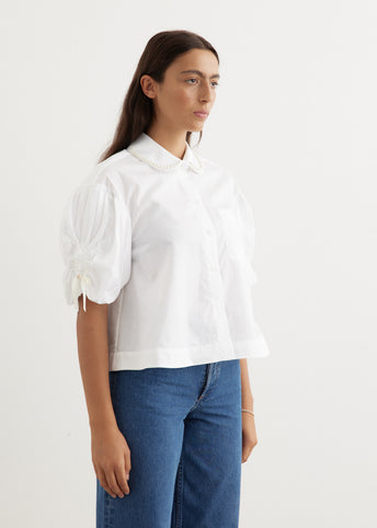 Ruched Bow Beaded Cropped Puff Sleeve Shirt