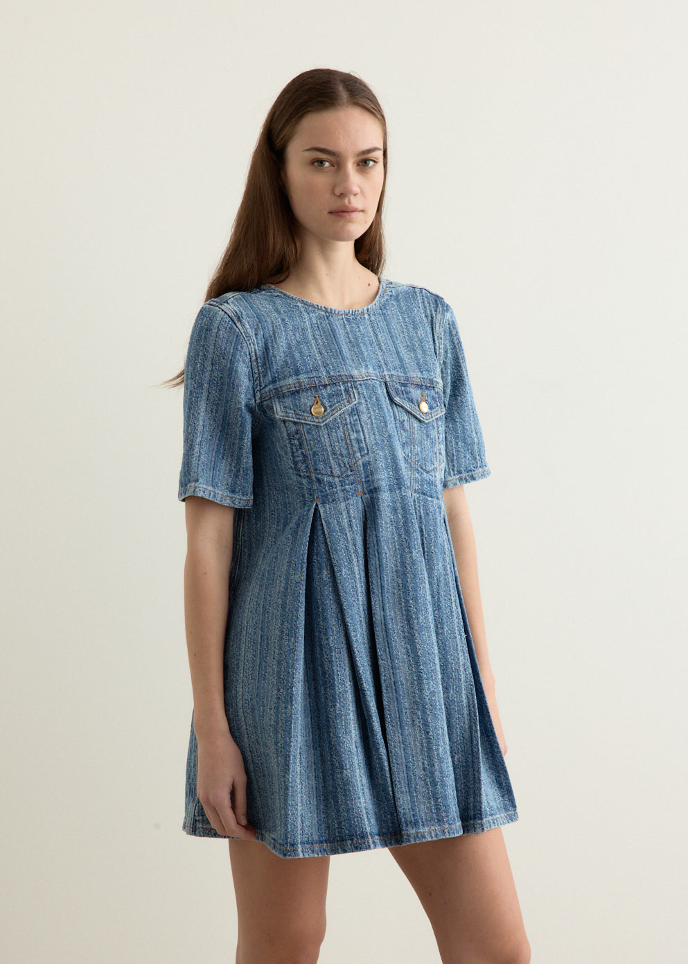 Structured Denim Open-Back Mini Dress