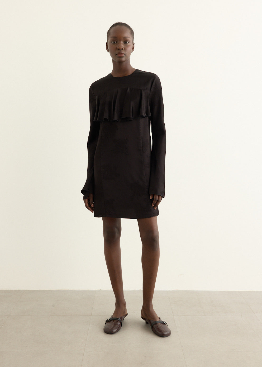 Fluid Satin Jacquard Mini Ruffle Dress