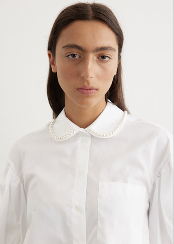 Ruched Bow Beaded Cropped Puff Sleeve Shirt