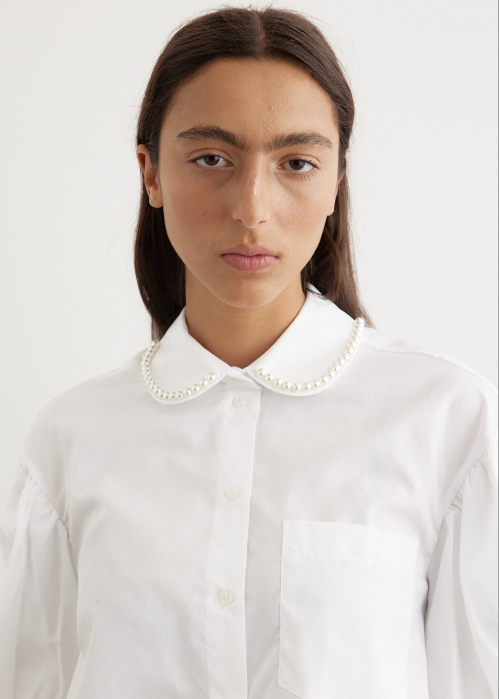 Ruched Bow Beaded Cropped Puff Sleeve Shirt