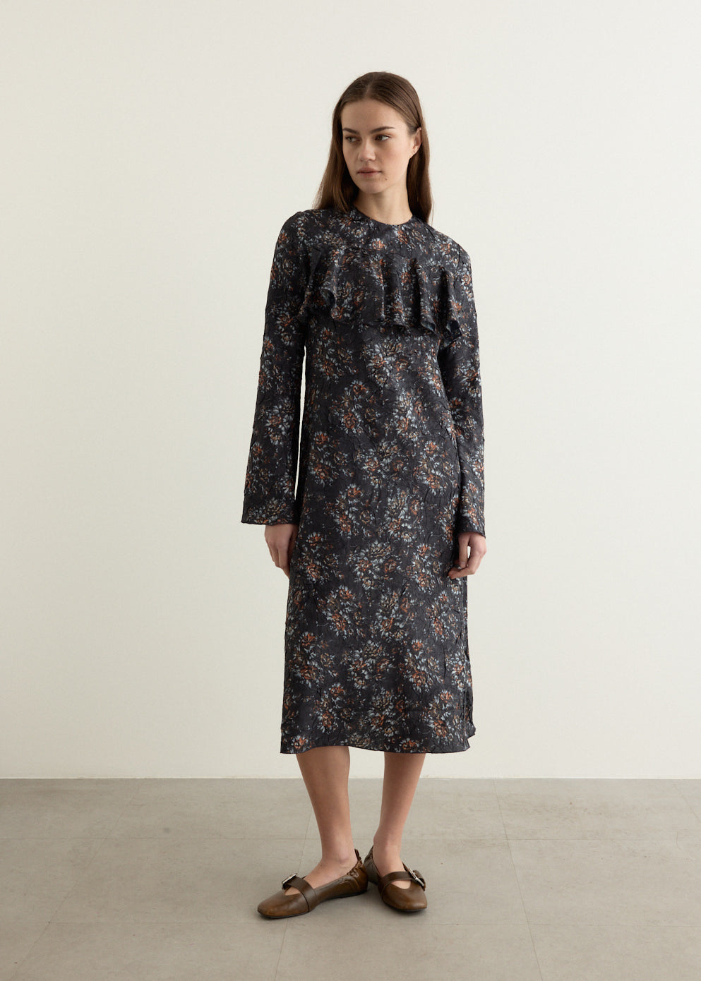 Shibori Pleat Midi Longsleeve Ruffle Dress