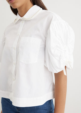 Ruched Bow Beaded Cropped Puff Sleeve Shirt