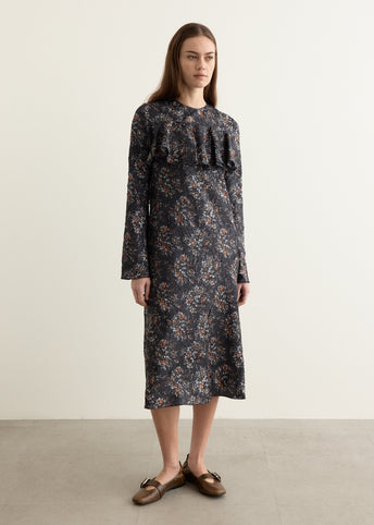 Shibori Pleat Midi Longsleeve Ruffle Dress