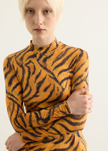 Tiger Printed Jersey Long Sleeve Highneck Top