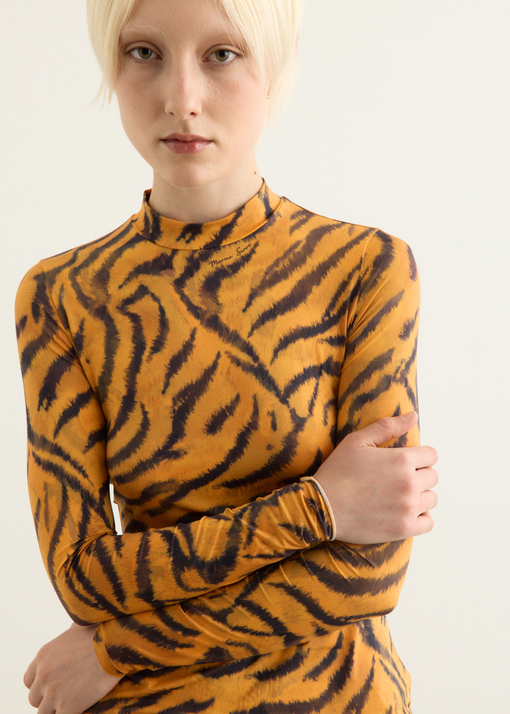 Tiger Printed Jersey Long Sleeve Highneck Top