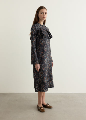 Shibori Pleat Midi Longsleeve Ruffle Dress
