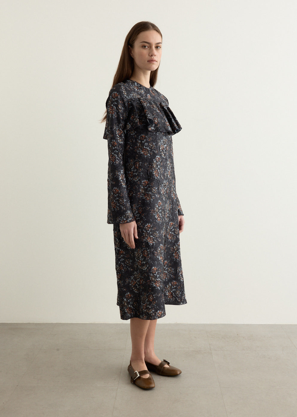 Shibori Pleat Midi Longsleeve Ruffle Dress