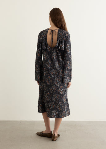 Shibori Pleat Midi Longsleeve Ruffle Dress
