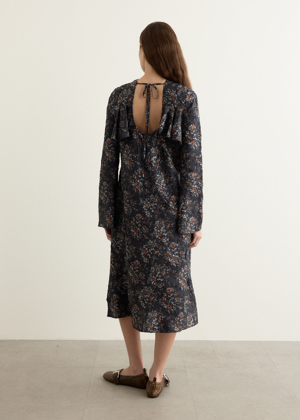 Shibori Pleat Midi Longsleeve Ruffle Dress