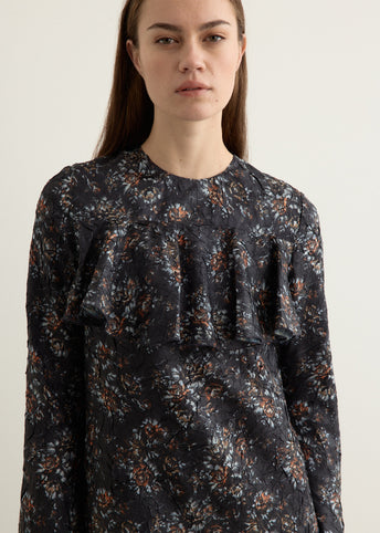 Shibori Pleat Midi Longsleeve Ruffle Dress