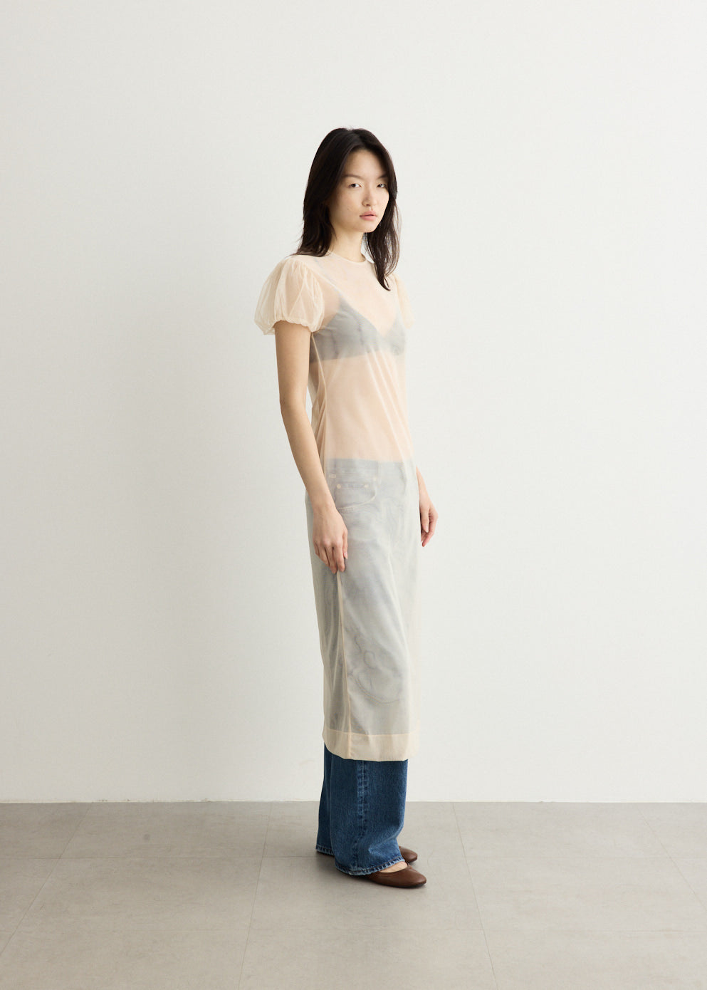 Sheer Puff Sleeve Column Dress