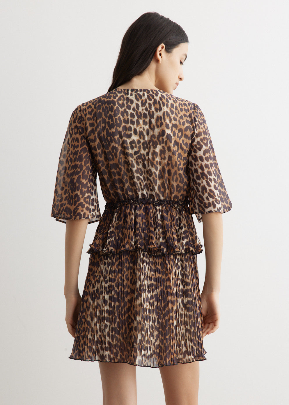 Pleated Georgette V-Neck Flounce Mini Dress
