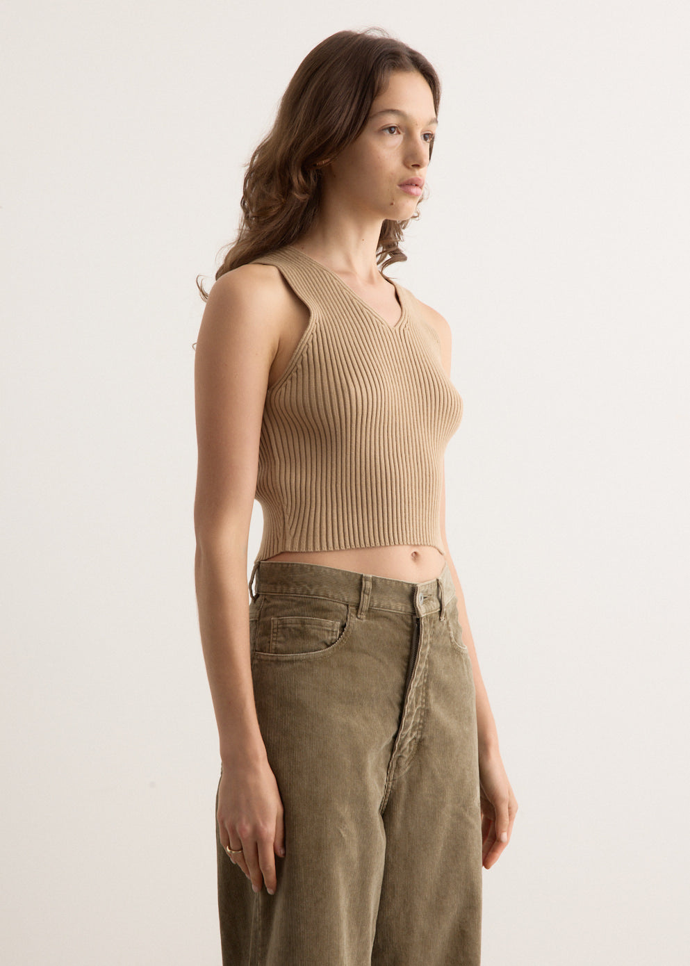 Cotton Silk Rib Knit V-Neck Vest